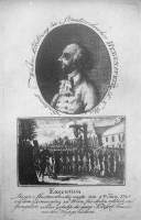 Brustbild von Franz Hebenstreit; darunter Bild seiner Hinrichtung